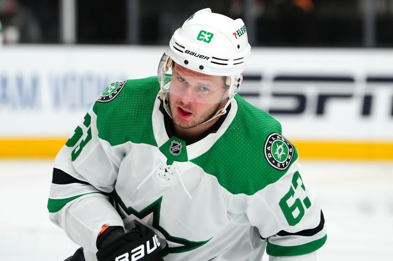 Apr 29, 2024; Las Vegas, Nevada, USA; Dallas Stars right wing Evgenii Dadonov (63) warms up before the start of game four against the Vegas Golden Knights in the first round of the 2024 Stanley Cup Playoffs at T-Mobile Arena. Mandatory Credit: Stephen R. Sylvanie-USA TODAY Sports