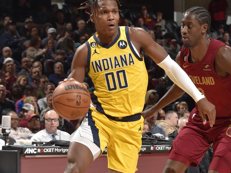 CLEVELAND, OH - APRIL 2:  Bennedict Mathurin #00 of the Indiana Pacers goes to the basket during the game on April 2, 2023 at Rocket Mortgage FieldHouse in Cleveland, Ohio. NOTE TO USER: User expressly acknowledges and agrees that, by downloading and/or using this Photograph, user is consenting to the terms and conditions of the Getty Images License Agreement. Mandatory Copyright Notice: Copyright 2023 NBAE (Photo by David Liam Kyle/NBAE via Getty Images)