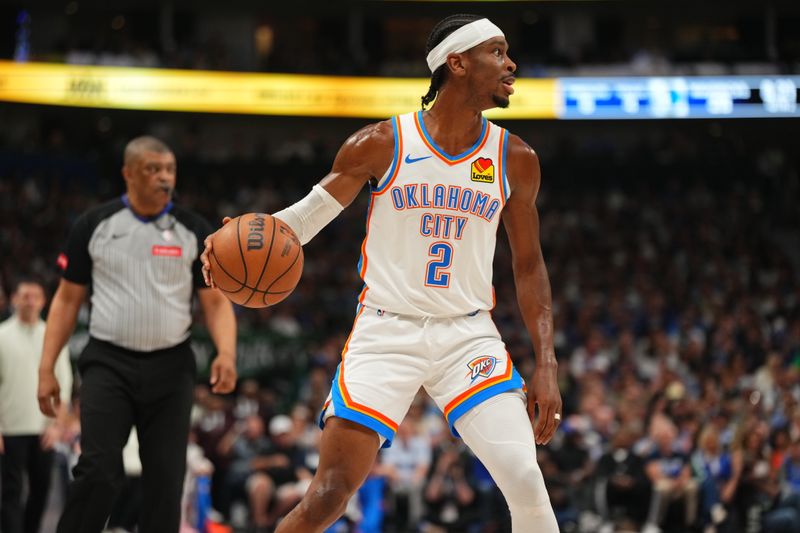 DALLAS, TX - MAY 18: Shai Gilgeous-Alexander #2 of the Oklahoma City Thunder handles the ball during the game against the Dallas Mavericks during Round 2 Game 6 of the 2024 NBA Playoffs on May 18, 2024 at the American Airlines Center in Dallas, Texas. NOTE TO USER: User expressly acknowledges and agrees that, by downloading and or using this photograph, User is consenting to the terms and conditions of the Getty Images License Agreement. Mandatory Copyright Notice: Copyright 2024 NBAE (Photo by Cooper Neill/NBAE via Getty Images)