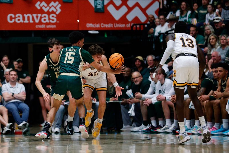 Mar 2, 2024; Fort Collins, Colorado, USA; Wyoming Cowboys forward Mason Walters (33) battles for a loose ball with Colorado State Rams guard Jalen Lake (15) and forward Patrick Cartier (12) as guard Akuel Kot (13) defends in the first half at Moby Arena. Mandatory Credit: Isaiah J. Downing-USA TODAY Sports