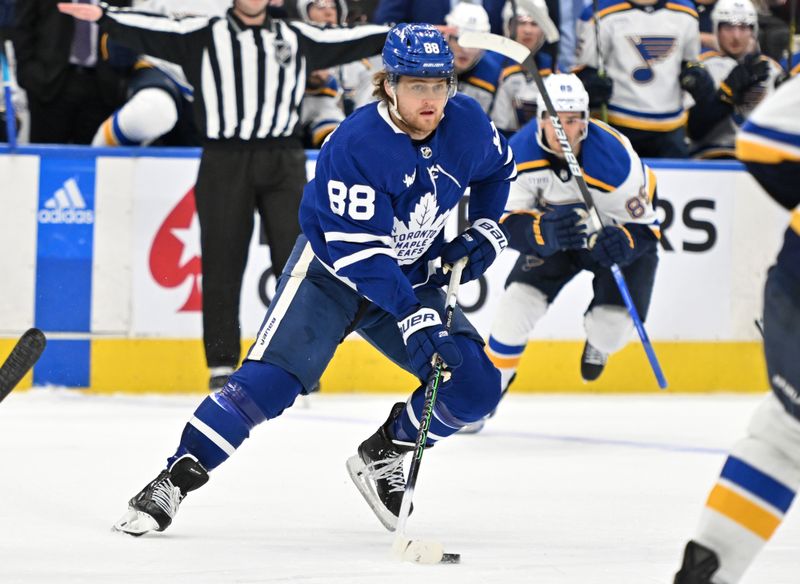 Jan 3, 2023; Toronto, Ontario, CAN; Toronto Maple Leafs forward William Nylander (88) skates with the puck against the St. Louis Blues in the third period at Scotiabank Arena. Mandatory Credit: Dan Hamilton-USA TODAY Sports