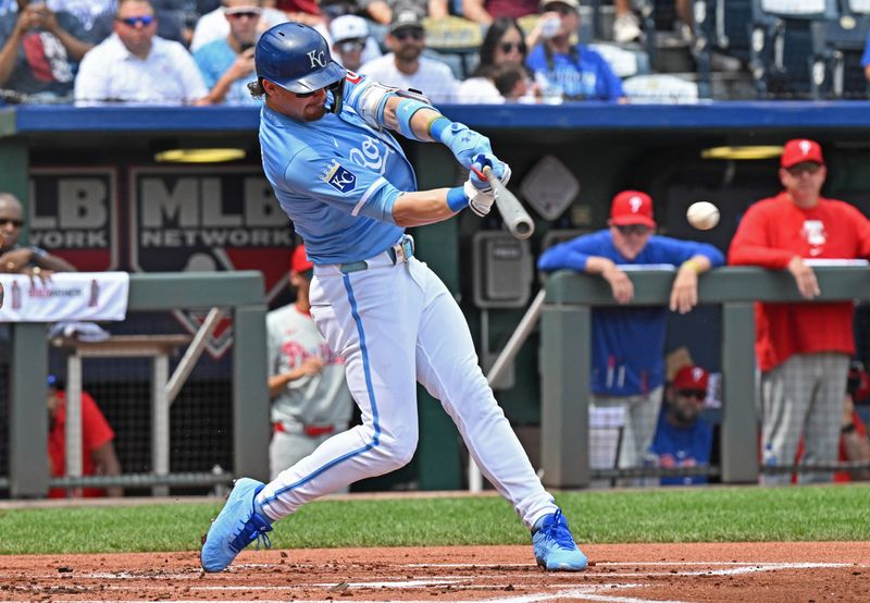 Aug 25, 2024; Kansas City, Missouri, USA;  Kansas City Royals shortstop Bobby Witt Jr. (7) singles in the first inning against the Philadelphia Phillies  at Kauffman Stadium. Mandatory Credit: Peter Aiken-USA TODAY Sports