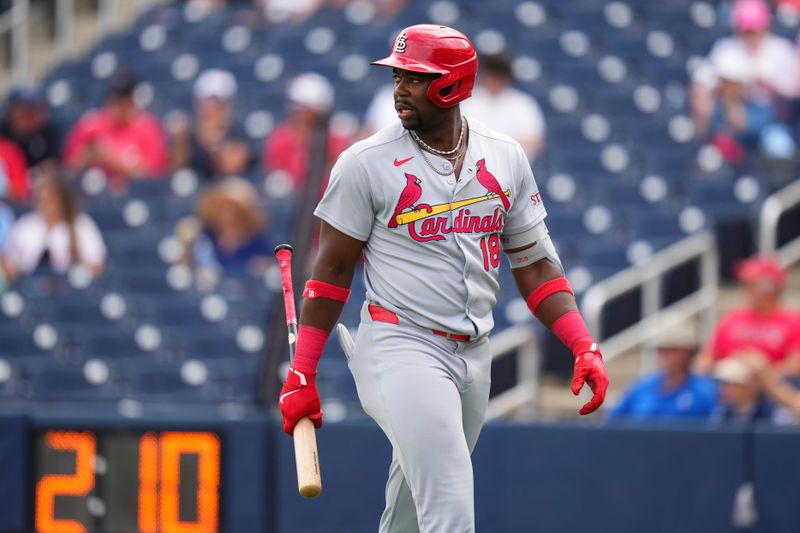 Mar 4, 2025; West Palm Beach, Florida, USA; St. Louis Cardinals outfielder Jordan Walker (18) looks on after being struck out against the Washington Nationals during the first inning at CACTI Park of the Palm Beaches. Mandatory Credit: Rich Storry-Imagn Images