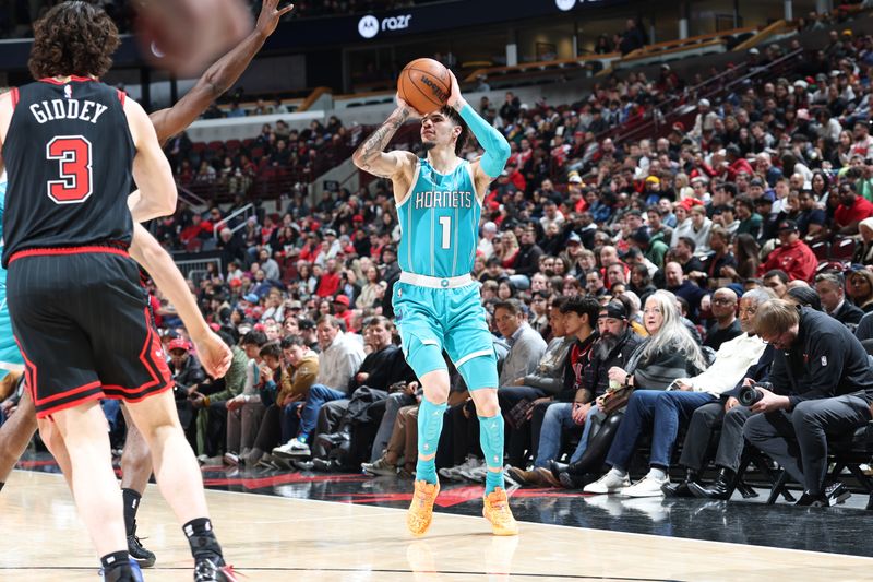 CHICAGO, IL - JANUARY 17: LaMelo Ball #1 of the Charlotte Hornets shoots a three point basket during the game against the Chicago Bulls on January 17, 2025 at United Center in Chicago, Illinois. NOTE TO USER: User expressly acknowledges and agrees that, by downloading and or using this photograph, User is consenting to the terms and conditions of the Getty Images License Agreement. Mandatory Copyright Notice: Copyright 2025 NBAE (Photo by Jeff Haynes/NBAE via Getty Images)