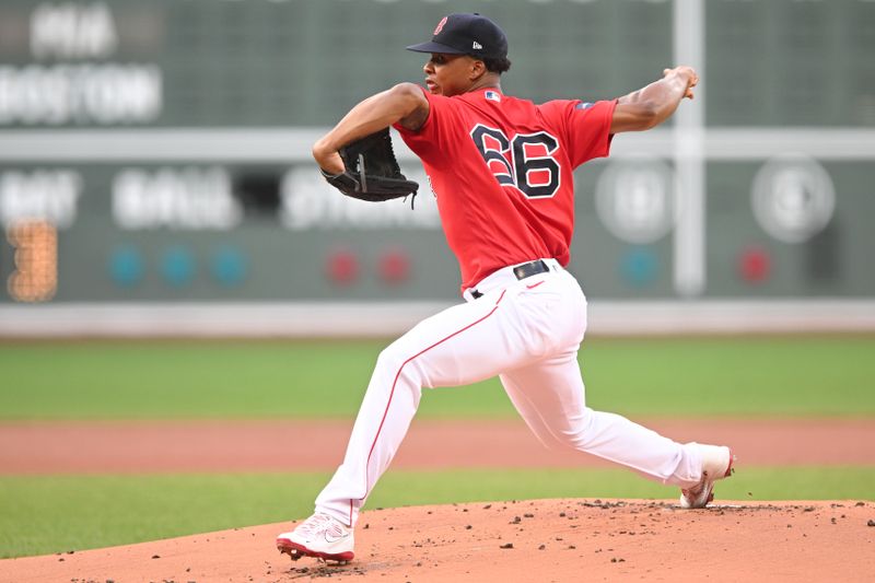 Jun 29, 2023; Boston, Massachusetts, USA; Boston Red Sox starting pitcher Brayan Bello (66) pitches against the Miami Marlins during the first inning at Fenway Park. Mandatory Credit: Brian Fluharty-USA TODAY Sports