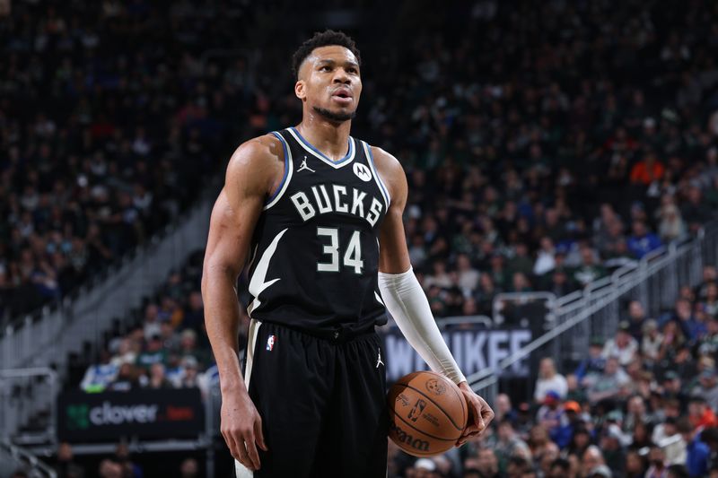 MILWAUKEE, WI - APRIL 7: Giannis Antetokounmpo #34 of the Milwaukee Bucks prepares to shoot a free throw during the game against the New York Knicks on April 7, 2024 at the Fiserv Forum Center in Milwaukee, Wisconsin. NOTE TO USER: User expressly acknowledges and agrees that, by downloading and or using this Photograph, user is consenting to the terms and conditions of the Getty Images License Agreement. Mandatory Copyright Notice: Copyright 2024 NBAE (Photo by Jeff Haynes/NBAE via Getty Images).