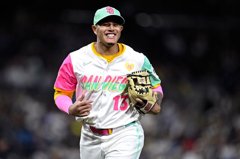 Apr 26, 2024; San Diego, California, USA; San Diego Padres third baseman Manny Machado (13) runs off the field during the middle of the eighth inning against the Philadelphia Phillies at Petco Park. Mandatory Credit: Orlando Ramirez-USA TODAY Sports