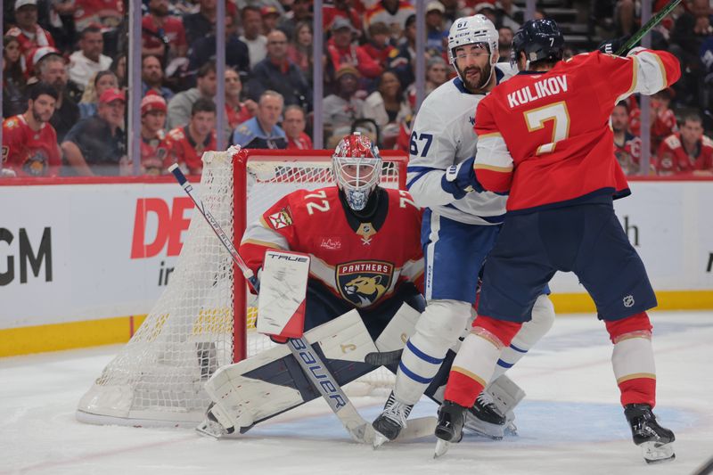 May 9, 2025; Sunrise, Florida, USA; Florida Panthers goaltender Sergei Bobrovsky (72) defends his net against the Toronto Maple Leafs during the third period in game three of the second round of the 2025 Stanley Cup Playoffs at Amerant Bank Arena. Mandatory Credit: Sam Navarro-Imagn Images
