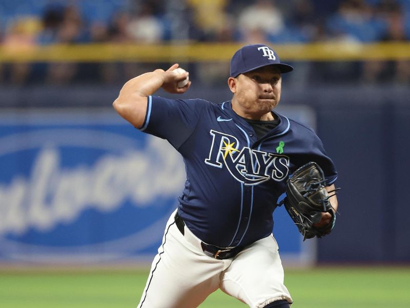 May 20, 2024; St. Petersburg, Florida, USA; Tampa Bay Rays pitcher Erasmo Ramírez (61) throws a pitch against the Boston Red Sox during the ninth inning at Tropicana Field. Mandatory Credit: Kim Klement Neitzel-USA TODAY Sports