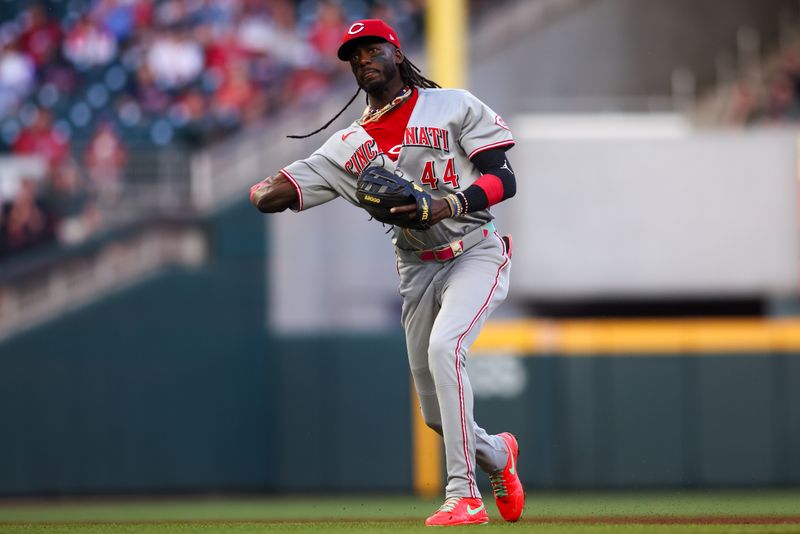 May 8, 2025; Atlanta, Georgia, USA; Cincinnati Reds shortstop Elly De La Cruz (44) throws a runner out at first against the Atlanta Braves in the third inning at Truist Park. Mandatory Credit: Brett Davis-Imagn Images