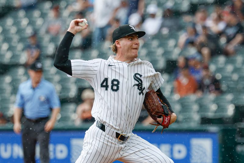Jun 29, 2025; Chicago, Illinois, USA; Chicago White Sox starting pitcher Jonathan Cannon (48) delivers a pitch against the San Francisco Giants during the first inning at Rate Field. Mandatory Credit: Kamil Krzaczynski-Imagn Images