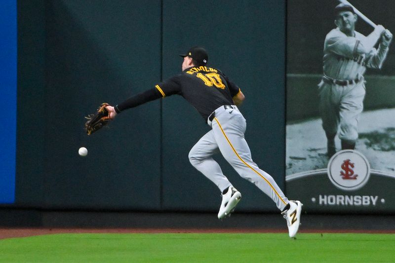 Sep 17, 2024; St. Louis, Missouri, USA;  Pittsburgh Pirates left fielder Bryan Reynolds (10) is unable to catch a double hit by St. Louis Cardinals left fielder Brendan Donovan (not pictured) during the second inning at Busch Stadium. Mandatory Credit: Jeff Curry-Imagn Images