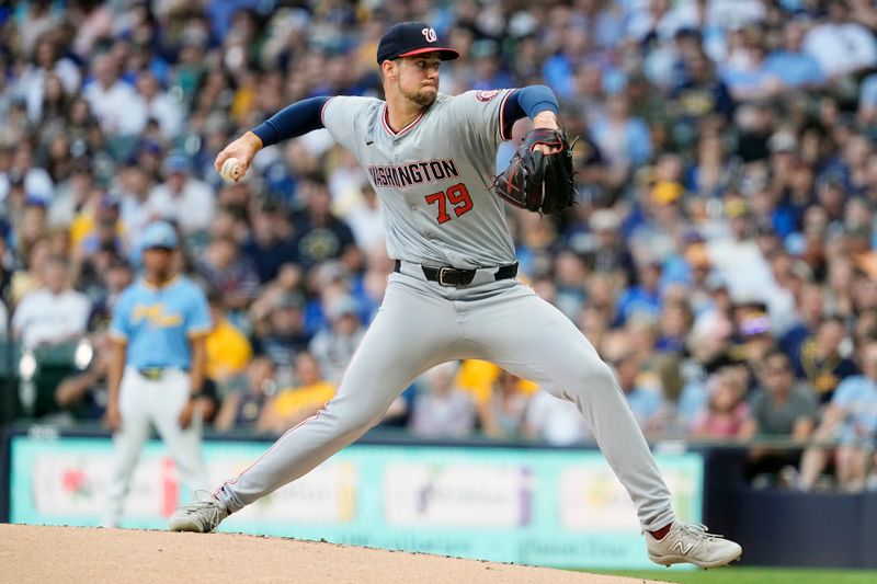 Jul 12, 2024; Milwaukee, Wisconsin, USA;  Washington Nationals pitcher Jackson Rutledge (79) throws a pitch during the first inning against the Milwaukee Brewers at American Family Field. Mandatory Credit: Jeff Hanisch-USA TODAY Sports