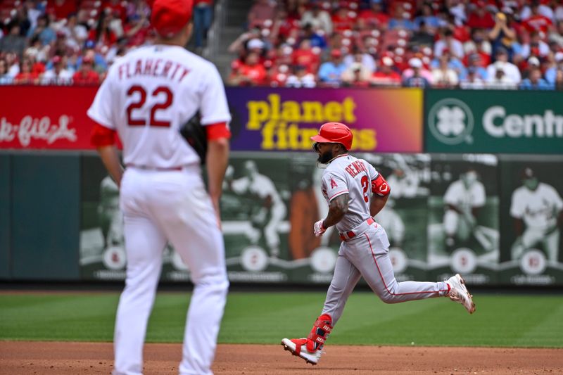 May 4, 2023; St. Louis, Missouri, USA;  Los Angeles Angels second baseman Luis Rengifo (2) runs the bases after hitting a three run home run off of St. Louis Cardinals starting pitcher Jack Flaherty (22) during the second inning at Busch Stadium. Mandatory Credit: Jeff Curry-USA TODAY Sports