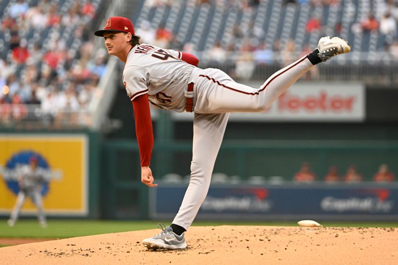 Jun 6, 2023; Washington, District of Columbia, USA; Arizona Diamondbacks starting pitcher Tommy Henry (47) throws to the Washington Nationals during the first inning at Nationals Park. Mandatory Credit: Brad Mills-USA TODAY Sports