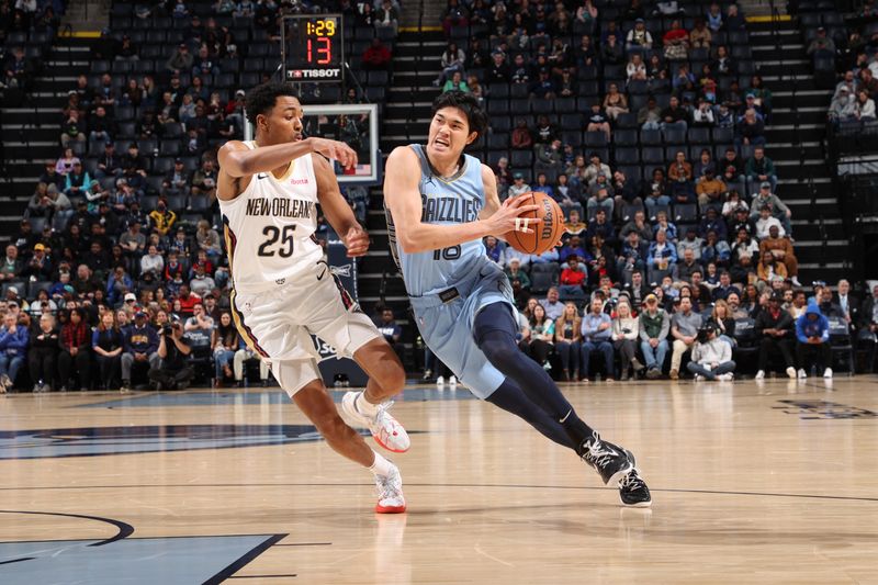 MEMPHIS, TN - FEBRUARY 12: Yuta Watanabe #18 of the Memphis Grizzlies drives to the basket during the game against the New Orleans Pelicans on February 12, 2024 at FedExForum in Memphis, Tennessee. NOTE TO USER: User expressly acknowledges and agrees that, by downloading and or using this photograph, User is consenting to the terms and conditions of the Getty Images License Agreement. Mandatory Copyright Notice: Copyright 2024 NBAE (Photo by Joe Murphy/NBAE via Getty Images)