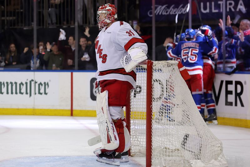 May 13, 2024; New York, New York, USA; Carolina Hurricanes goaltender Frederik Andersen (31) reacts after allowing a short handed goal to New York Rangers defenseman Jacob Trouba (8) during the second period of game five of the second round of the 2024 Stanley Cup Playoffs at Madison Square Garden. Mandatory Credit: Brad Penner-USA TODAY Sports