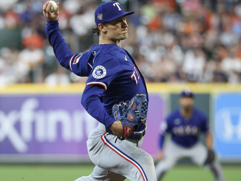 Apr 13, 2024; Houston, Texas, USA;  Texas Rangers pitcher Jacob Latz (67) pitches against the Houston Astros in the fifth inning at Minute Maid Park. Mandatory Credit: Thomas Shea-USA TODAY Sports