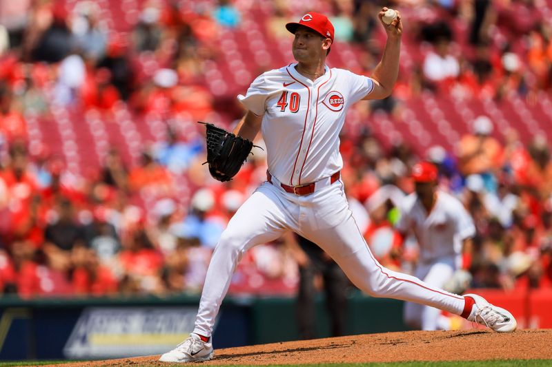 Jul 14, 2024; Cincinnati, Ohio, USA; Cincinnati Reds starting pitcher Nick Lodolo (40) pitches against the Miami Marlins in the third inning at Great American Ball Park. Mandatory Credit: Katie Stratman-USA TODAY Sports