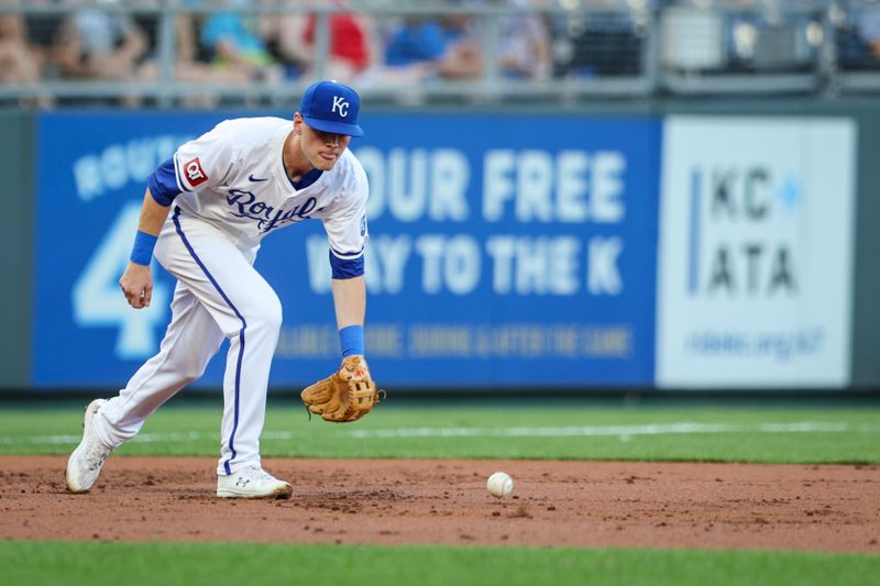 Jun 24, 2024; Kansas City, Missouri, USA; Kansas City Royals third baseman (40) CJ Alexander reaches for a ground ball during the second inning against the Miami Marlins at Kauffman Stadium. Mandatory Credit: William Purnell-USA TODAY Sports