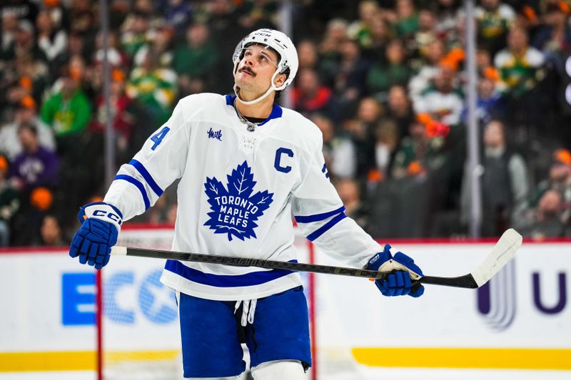 Nov 3, 2024; Saint Paul, Minnesota, USA; Toronto Maple Leafs center Auston Matthews (34) looks on during the third period against the Minnesota Wild at Xcel Energy Center. Mandatory Credit: Brace Hemmelgarn-Imagn Images