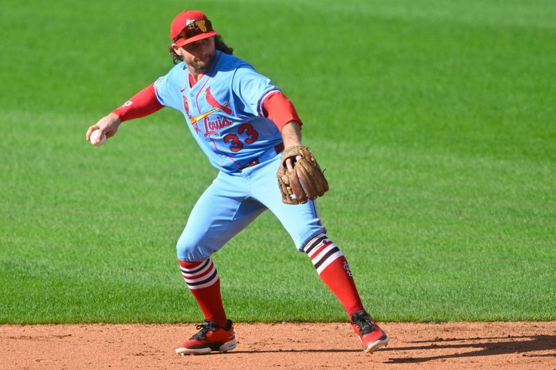 Jun 28, 2025; Cleveland, Ohio, USA; St. Louis Cardinals second baseman Brendan Donovan (33) throws to first base in the sixth inning against the Cleveland Guardians at Progressive Field. Mandatory Credit: David Richard-Imagn Images