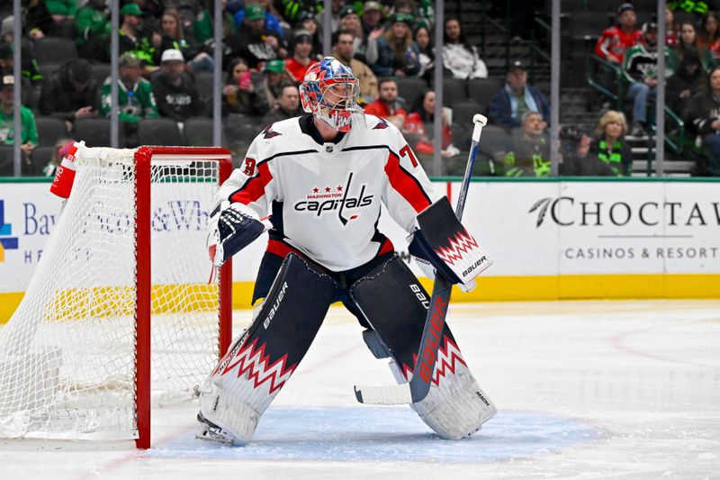 Jan 27, 2024; Dallas, Texas, USA; Washington Capitals goaltender Charlie Lindgren (79) faces the Dallas Stars attack during the second period at the American Airlines Center. Mandatory Credit: Jerome Miron-USA TODAY Sports