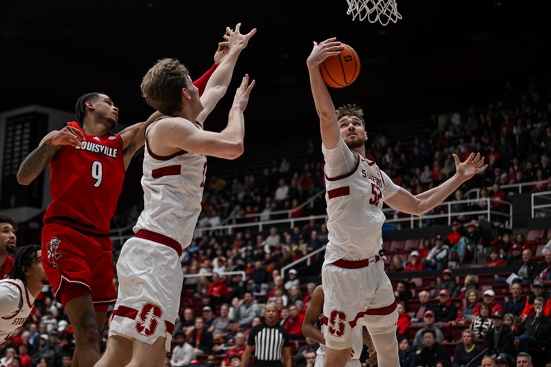 Jan 2, 2025; Stanford, California, USA; Stanford Cardinal forward Aidan Cammann (52) rebounds the ball during the first half against Louisville Cardinals at Maples Pavilion. Mandatory Credit: Justine Willard-Imagn Images
