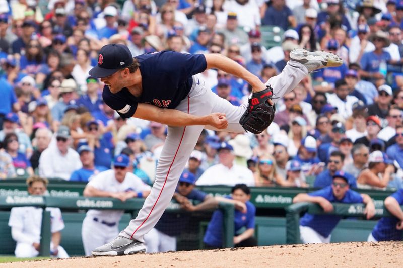 Jul 16, 2023; Chicago, Illinois, USA;Boston Red Sox relief pitcher Kutter Crawford (50) throws the ball against the Chicago Cubs during the second inning  at Wrigley Field. Mandatory Credit: David Banks-USA TODAY Sports