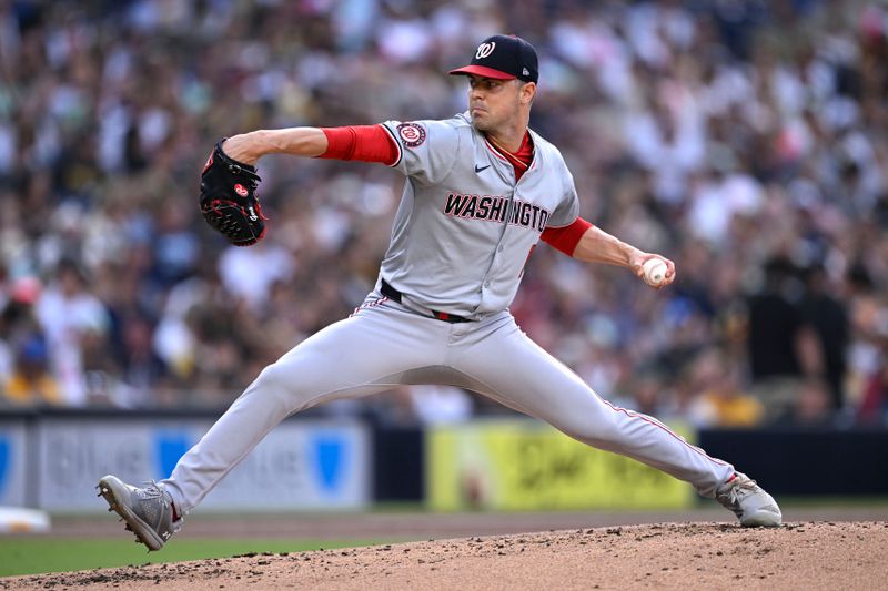 Jun 25, 2024; San Diego, California, USA; Washington Nationals starting pitcher MacKenzie Gore (1) pitches against the San Diego Padres during the first inning at Petco Park. Mandatory Credit: Orlando Ramirez-USA TODAY Sports