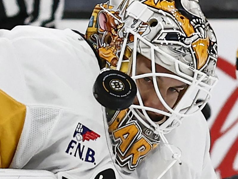 Nov 29, 2024; Boston, Massachusetts, USA; Pittsburgh Penguins goaltender Tristan Jarry (35) makes a save against the Boston Bruins during the third period at TD Garden. Mandatory Credit: Winslow Townson-Imagn Images