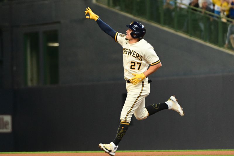 May 24, 2023; Milwaukee, Wisconsin, USA; Milwaukee Brewers shortstop Willy Adames (27) reacts after hitting a two-run home run against the Houston Astros in the first inning at American Family Field. Mandatory Credit: Benny Sieu-USA TODAY Sports