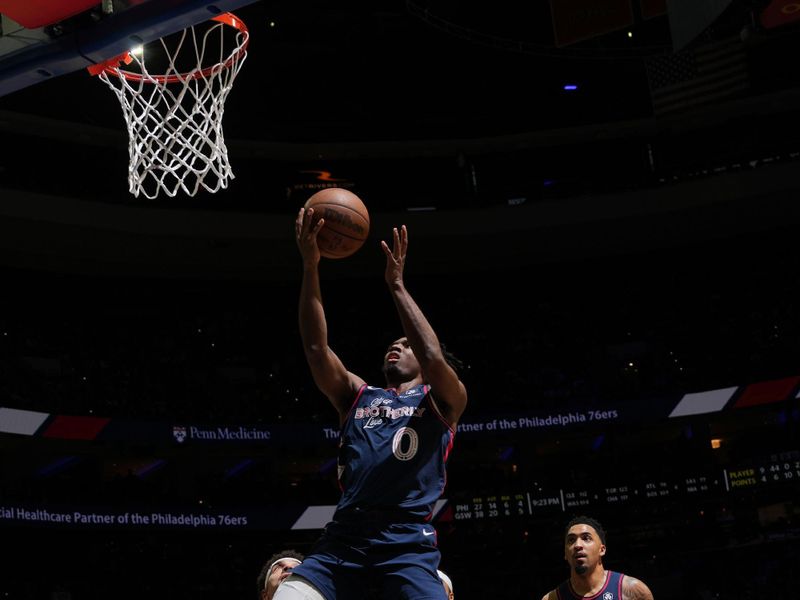 PHILADELPHIA, PA - FEBRUARY 7:  Tyrese Maxey #0 of the Philadelphia 76ers goes to the basket during the game on February 7, 2024 at the Wells Fargo Center in Philadelphia, Pennsylvania NOTE TO USER: User expressly acknowledges and agrees that, by downloading and/or using this Photograph, user is consenting to the terms and conditions of the Getty Images License Agreement. Mandatory Copyright Notice: Copyright 2024 NBAE (Photo by Jesse D. Garrabrant/NBAE via Getty Images)