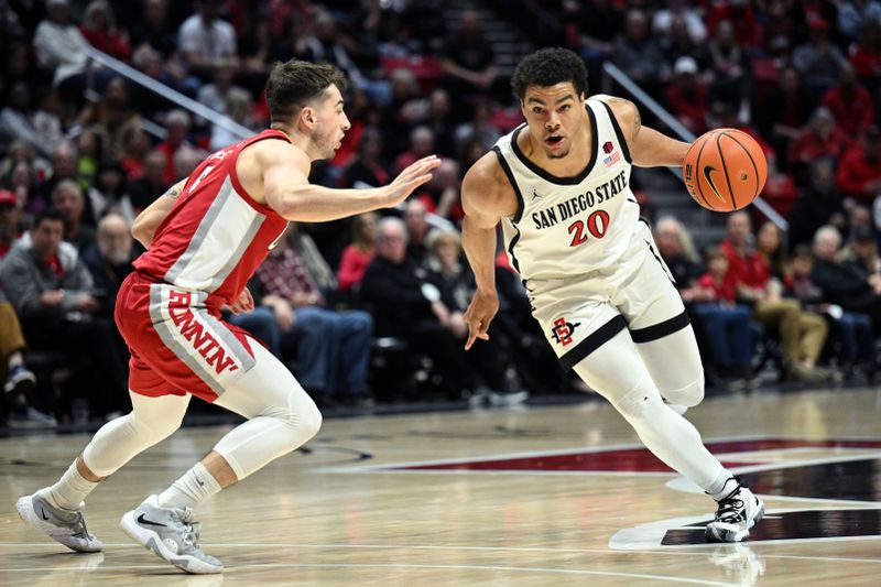 Feb 11, 2023; San Diego, California, USA; San Diego State Aztecs guard Matt Bradley (20) dribbles the ball while defended by UNLV Rebels guard Jordan McCabe (left) during the first half at Viejas Arena. Mandatory Credit: Orlando Ramirez-USA TODAY Sports