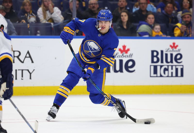 Nov 14, 2024; Buffalo, New York, USA;  Buffalo Sabres right wing JJ Peterka (77) takes a shot on goal during the third period against the St. Louis Blues at KeyBank Center. Mandatory Credit: Timothy T. Ludwig-Imagn Images