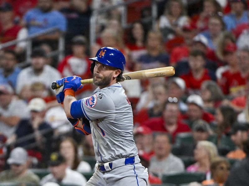 May 7, 2024; St. Louis, Missouri, USA;  New York Mets second baseman Jeff McNeil (1) hits a single against the St. Louis Cardinals during the fifth inning at Busch Stadium. Mandatory Credit: Jeff Curry-USA TODAY Sports