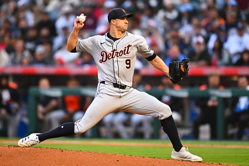 May 3, 2025; Anaheim, California, USA; Detroit Tigers starting pitcher Jack Flaherty (9) throws a pitch against the Los Angeles Angels during the first inning at Angel Stadium. Mandatory Credit: Jonathan Hui-Imagn Images