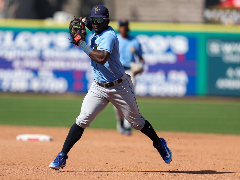 Mar 7, 2023; Clearwater, Florida, USA;  Tampa Bay Rays second baseman Ronny Simon (77) throws to first against the Tampa Bay Rays in the sixth inning during spring training at BayCare Ballpark. Mandatory Credit: Nathan Ray Seebeck-USA TODAY Sports