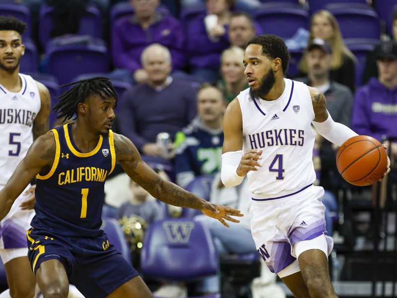 Jan 14, 2023; Seattle, Washington, USA; Washington Huskies guard PJ Fuller II (4) dribbles against California Golden Bears guard Joel Brown (1) during the first half at Alaska Airlines Arena at Hec Edmundson Pavilion. Mandatory Credit: Joe Nicholson-USA TODAY Sports