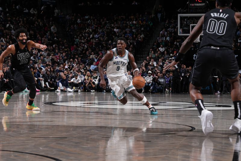 BROOKLYN, NY - JANUARY 25: Anthony Edwards #5 of the Minnesota Timberwolves drives to the basket during the game against the Brooklyn Nets on January 25, 2024 at Barclays Center in Brooklyn, New York. NOTE TO USER: User expressly acknowledges and agrees that, by downloading and or using this Photograph, user is consenting to the terms and conditions of the Getty Images License Agreement. Mandatory Copyright Notice: Copyright 2024 NBAE (Photo by Jesse D. Garrabrant/NBAE via Getty Images)