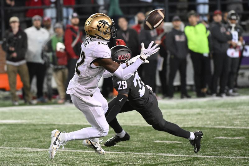 Nov 17, 2023; Pullman, Washington, USA; Colorado Buffaloes wide receiver Travis Hunter (12) makes a catch against Washington State Cougars defensive back Jamorri Colson (29) in the first half at Gesa Field at Martin Stadium. Mandatory Credit: James Snook-USA TODAY Sports