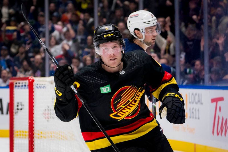 Jan 27, 2024; Vancouver, British Columbia, CAN; Vancouver Canucks forward Brock Boeser (6) celebrates his goal against the Columbus Blue Jackets in the second period at Rogers Arena. Mandatory Credit: Bob Frid-USA TODAY Sports