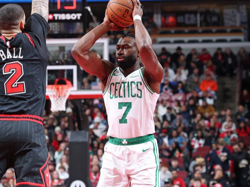 CHICAGO, IL - NOVEMBER 29: Jaylen Brown #7 of the Boston Celtics passes the ball during the game against the Chicago Bulls during the Emirates NBA Cup game on November 29, 2024 at United Center in Chicago, Illinois. NOTE TO USER: User expressly acknowledges and agrees that, by downloading and or using this photograph, User is consenting to the terms and conditions of the Getty Images License Agreement. Mandatory Copyright Notice: Copyright 2024 NBAE (Photo by Jeff Haynes/NBAE via Getty Images)