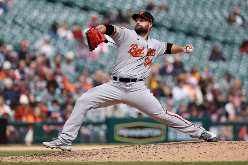 Apr 30, 2023; Detroit, Michigan, USA;  Baltimore Orioles relief pitcher Danny Coulombe (54) pitches in the eighth inning against the Detroit Tigers at Comerica Park. Mandatory Credit: Rick Osentoski-USA TODAY Sports