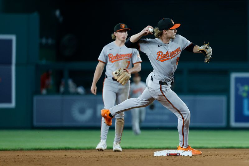 Apr 24, 2025; Washington, District of Columbia, USA; Baltimore Orioles shortstop Gunnar Henderson (2) makes a throw to first base on a ground ball by Washington Nationals third base Amed Rosario (not pictured) to end the game at Nationals Park. Mandatory Credit: Geoff Burke-Imagn Images