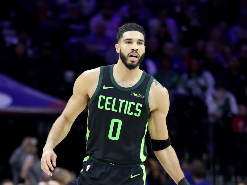 PHILADELPHIA, PENNSYLVANIA - FEBRUARY 02: Jayson Tatum #0 of the Boston Celtics dribbles the ball during a game against the Philadelphia 76ers at the Wells Fargo Center on February 02, 2025 in Philadelphia, Pennsylvania. NOTE TO USER: User expressly acknowledges and agrees that, by downloading and or using this photograph, User is consenting to the terms and conditions of the Getty Images License Agreement. (Photo by Emilee Chinn/Getty Images)