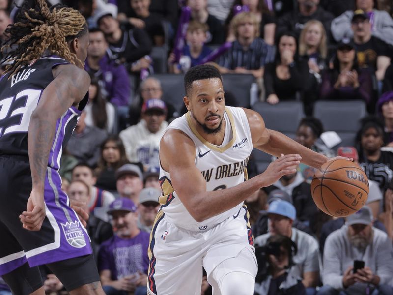 SACRAMENTO, CA - FEBRUARY 8:  CJ McCollum #3 of the New Orleans Pelicans handles the ball during the game against the Sacramento Kings on February 8, 2025 at Golden 1 Center in Sacramento, California. NOTE TO USER: User expressly acknowledges and agrees that, by downloading and or using this Photograph, user is consenting to the terms and conditions of the Getty Images License Agreement. Mandatory Copyright Notice: Copyright 2025 NBAE (Photo by Rocky Widner/NBAE via Getty Images)