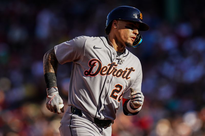 Sep 28, 2025; Boston, Massachusetts, USA; Detroit Tigers second base Javier Báez (28) hits a two run home run against the Boston Red Sox in the fourth inning at Fenway Park. Mandatory Credit: David Butler II-Imagn Images