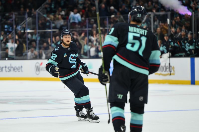 Oct 28, 2025; Seattle, Washington, USA; Seattle Kraken defenseman Brandon Montour (62) reacts to a goal scored by center Shane Wright (51) during the third period against the Monteal Canadiens at Climate Pledge Arena. Mandatory Credit: Steven Bisig-Imagn Images
