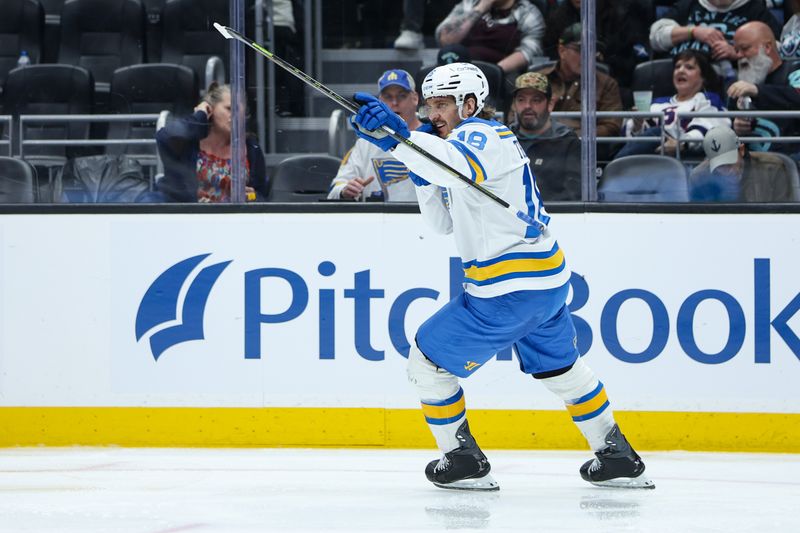 Mar 4, 2026; Seattle, Washington, USA; St. Louis Blues center Robert Thomas (18) reacts after scoring a goal in the third period against the Seattle Kraken at Climate Pledge Arena. Mandatory Credit: Kevin Ng-Imagn Images